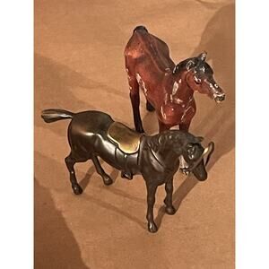 Two Vintage Metal Standing Horse Horses Figurine Decor Toys Equestrian MCM